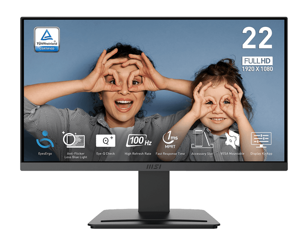 MSI PRO MP223 E2, 22-inch VA 1920 x 1080 (FHD) Computer Monitor, 100Hz, Adaptive-Sync, HDMI, Video Port, Display Port, VESA Mountable, Tilt, 1ms